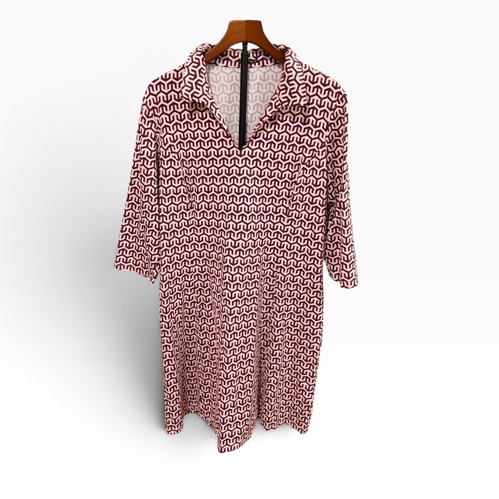 J.McLaughlin Catalina Cloth Geometric Print Dress XL Burgundy Cream V-Neck sport